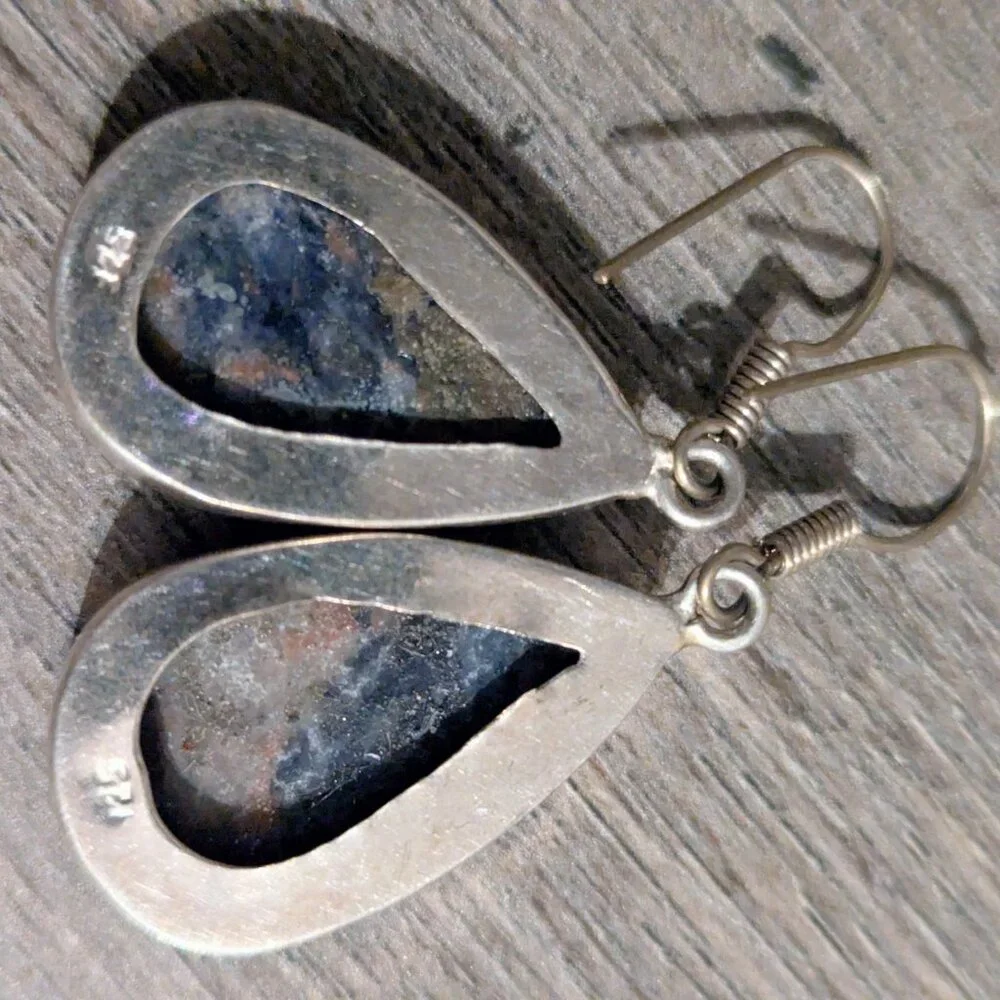 Sterling Silver 925 Dark Blue Orange Natural Sodalite Stone Earrings Fish Hook - Picture 4 of 5